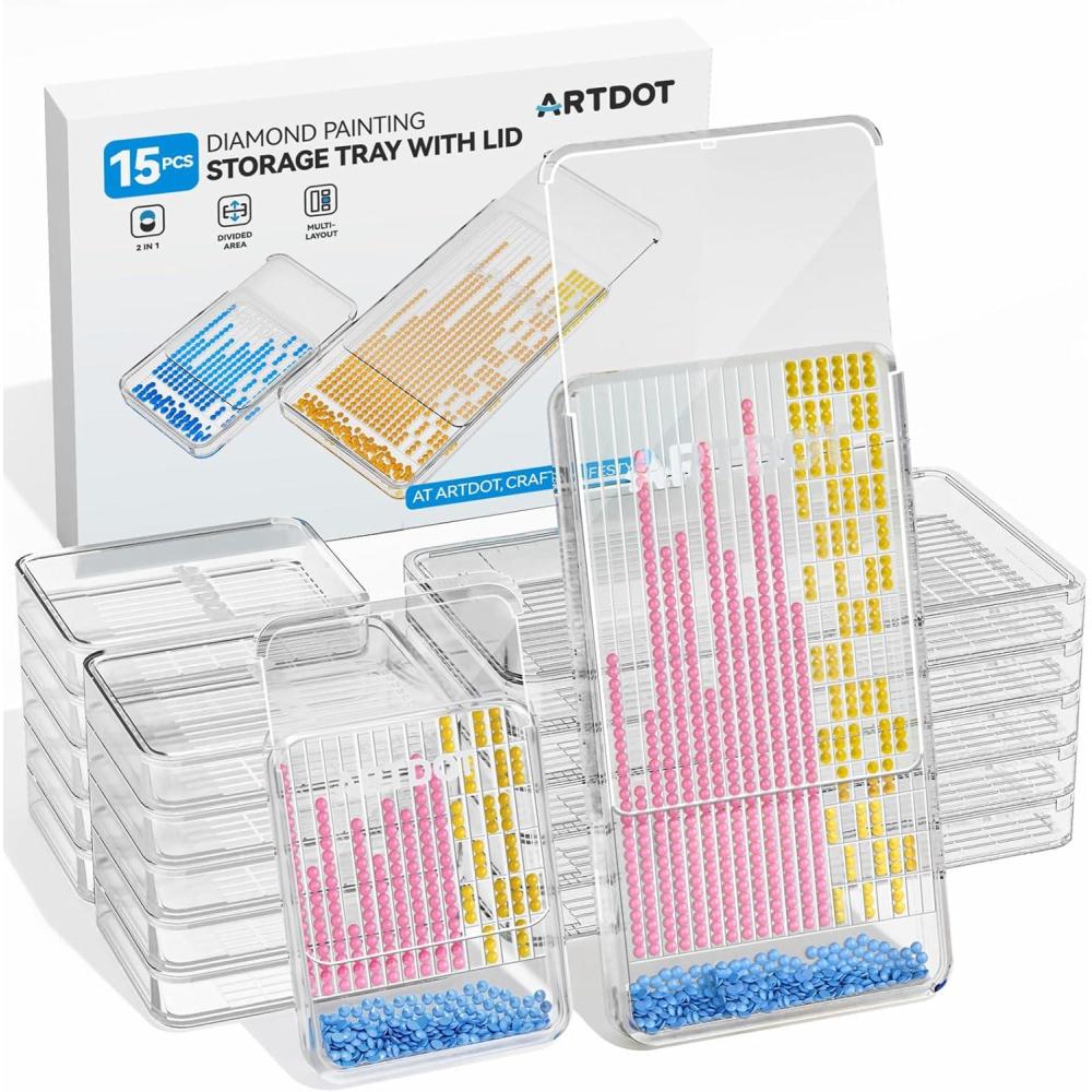 image:imageARTDOT 15Piece Diamond Art Storage Trays Kits for Adults with Lids 2in1 Stackable Diamond Painting Accessories and Tools