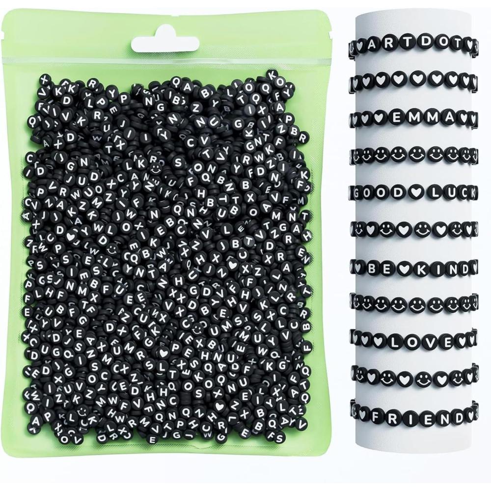 image:imageARTDOT 800 Pieces Assortment Letter Beads for Friendship Bracelets Making Kit 28 Styles Jewelry Making Supplies Alphabet Beads Set Preppy Crafts ArtWhite Letter Black Bead