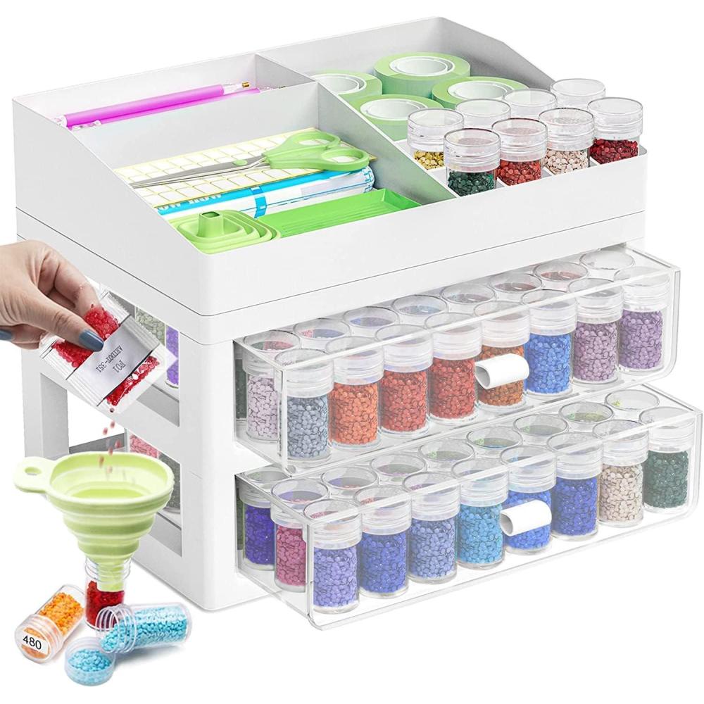image:imageARTDOT Storage Containers for Diamond Painting Accessories Art Bead Organizer 4 Drawers with 192 Slots Storage Bottles and Diamond Painting Tools and Kits Rack with Funnel2 Drawer96 Jars