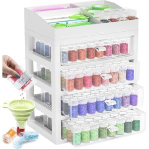 ARTDOT Storage Containers for Diamond Painting Accessories, Art Bead Organizer 4 Drawers with 192 Slots Storage Bottles and Diamond Painting Tools and Kits Rack with Funnel(4 Drawer(192 Jars))