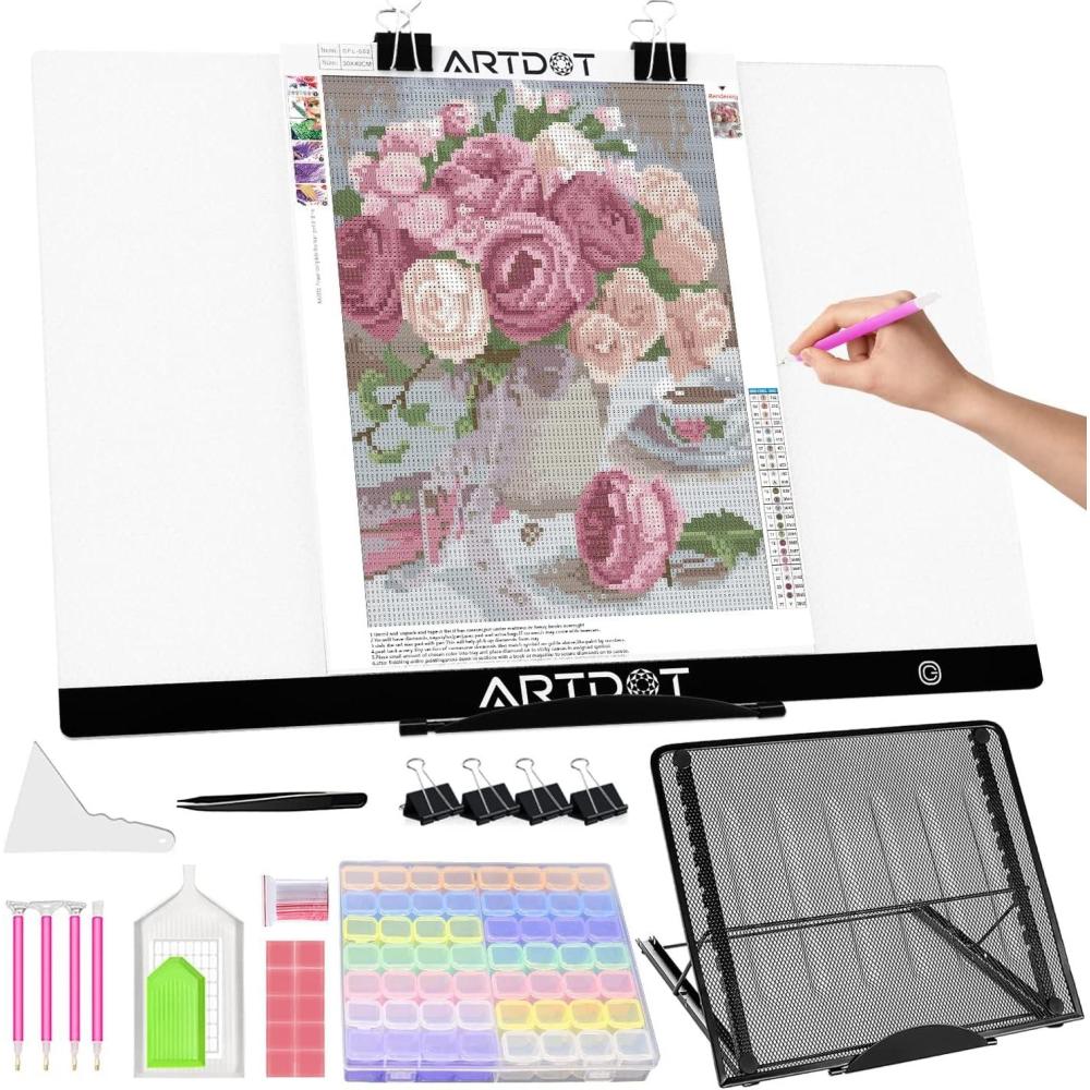 image:imageARTDOT A2 LED Light Pad for Diamond Painting USB Powered Light Board Kit Adjustable Brightness with 12 Angles Stand and Clips